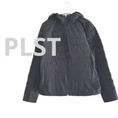 ★プラステPLSTブラックストレッチポリ フードダウンジャケット レディースL