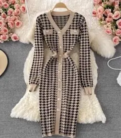 大人可愛い˚✧₊⁎千鳥格子♡膝下ニットワンピース♡ベージュ×ブラック