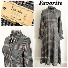 フェイバリット グリーン チェック 長袖 ロング ワンピース アンティーク調
