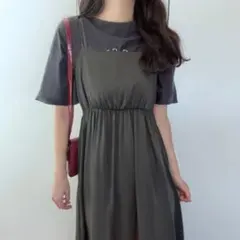 LAUIR（ラウアー）ショルダーリボンサテンキャミワンピース （チャコール）