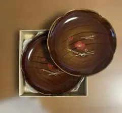 加賀塗り 梅型菓子器 銘々皿 5枚セット 梅模様 木目調 共箱付き