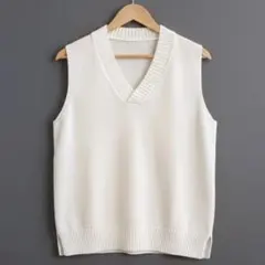 新品 Vネック ニットベスト アイボリー 無地 ゆったり カジュアル セーター