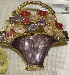 ヴィンテージ訳あり花かご花籠ブローチ　裏に剥がれ　錆あり　年代物レトロビンテージ