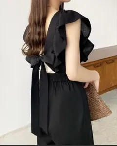 黒 フリル付きバックリボン パンツセットアップ