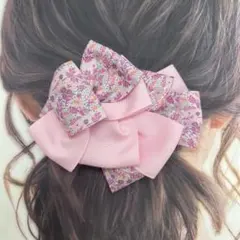 春色花柄のシンプルなリボン　バレッタ　やっとこピン