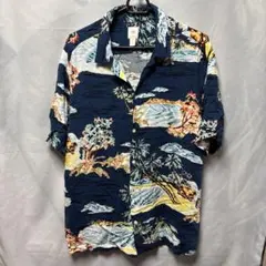 夏)H&M アロハシャツ 半袖 ネイビー トロピカル柄 開襟シャツ ハワイアンのサムネイル