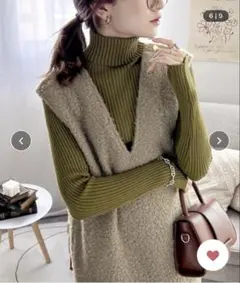 フェイクリングウールVネックジャンパースカート モカ