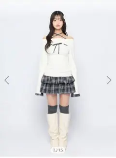 BUBBLES チェックリボンニットトップス スカート　セット