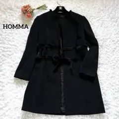 HOMMA アンゴラロングコート ミンクファー ノーカラー リボン ブラック L