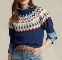 【美品】ポロラルフローレン カシミヤ混 フェアアイル柄ベルテッドカーディガン 旧ロゴ Polo Ralph Lauren フェアアイルカーディガンユーズド
