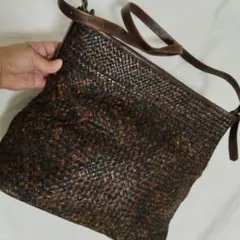 手作り編み込み、レザー ショルダーバッグ 大容量、美品