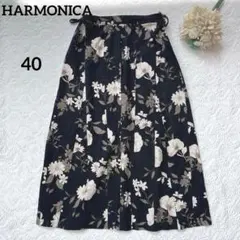 HARMONICA 麻混　総柄スカート　ロング　サイドリボン　L 花柄のサムネイル
