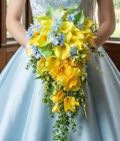 カラーリリーのキャスケードブーケ　アーティフィシャルフラワー　ブートニア付き造花