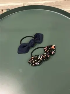 リボンヘアゴム2個セット ネイビー・花柄