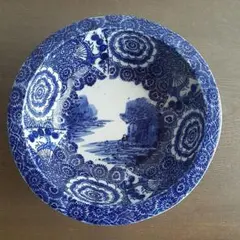 青白い模様の陶器ボウル　古道具 明治？　大正　レトロ　アンティーク　印判　大鉢