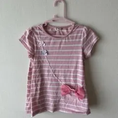 オンワード　ピンク ストライプ 半袖Tシャツ リボン付き