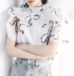 ♡SNIDELリボンライクオーガンシースルーブラウス BLK♡のサムネイル