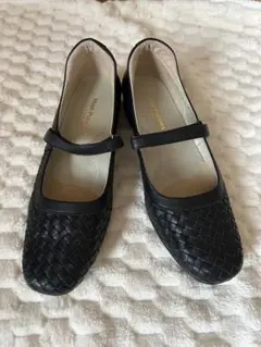 未使用レザー黒 編み込みデザインコンフォートシューズ24㎝3E