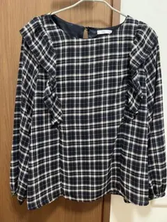 GLACIER ネイビー系チェック フリルブラウス S 秋冬　ガーリー　シンプル