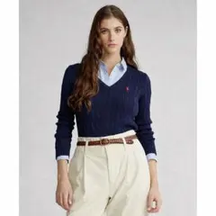 【タグ付き未使用】ラルフローレン Vネック ケーブルニット ネイビー M