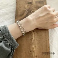 オールステンレス製 2連ブレスレット ボールチェーン×小豆チェーン