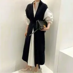 ロングシャツワンピース×ニットロングジレ点セット★ロングベスト/バンドカラー