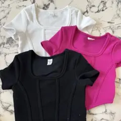 SHEIN リブ編みスクエアネックTシャツ 3色セットのサムネイル