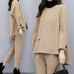 セットアップ レディース 秋 冬 ポンチョ パンツ 九分丈 2点セットF