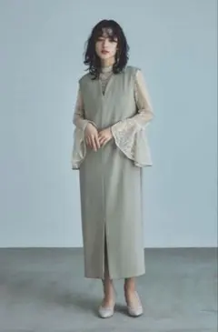 niana ニアナ ベルスリーブスリットドレス M ベージュ × ミント