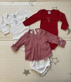 プチバトー ロンパース 3枚セット 6m/67cm 鹿柄 赤 ボーダー