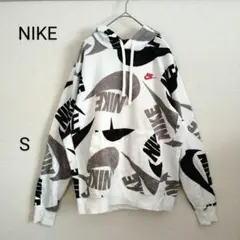 ◆NIKE ナイキ ロゴ 総柄ホワイトプルオーバーパーカー S 派手 白 長袖