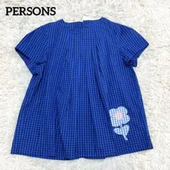 PERSONS ギンガムチェックフレンチスリーブブラウスQVCブルーブラックLのサムネイル