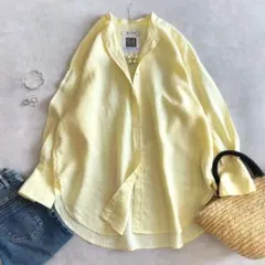 美品 ◆ ナノユニバース ヨーロピアンフラックス リネンシャツ 麻　イエロー