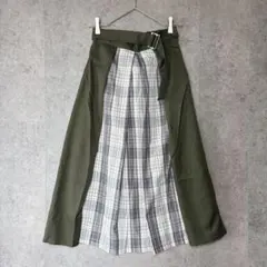 新品タグ付き しまむら 異素材ドッキングスカート ベルト付き チェック柄 M