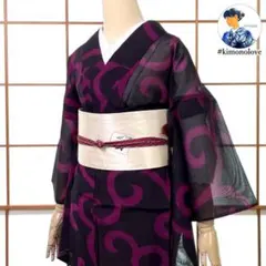 夏着物 単衣着物 風通紗 正絹 草花柄 黒 ビンテージ【未使用品】A-2433 