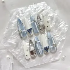 現品ネイルチップ　クリスマス　ワンホン　韓国　チェック　ブルー　ギャル