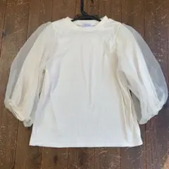 リブ編み　バルーンスリーブ　オーガンジー　七分袖