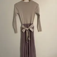 リブ編み長袖ニットワンピース
