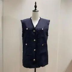美品　グラシア　М ネイビー ノースリーブ ツィードジレ フリンジベスト