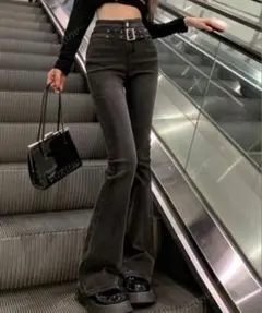 shein ハイウエストベルト付き フレアデザインデニムパンツ L