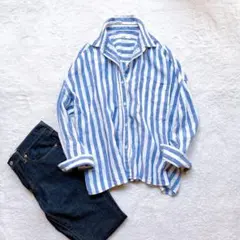 レリュームrelumeストライプフレンチリネンシャツ 麻100 水色／白 F