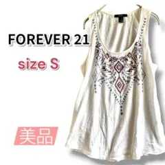 FOREVER21/タンクトップ ノースリーブ S 白 綿 エスニック 刺繍のサムネイル