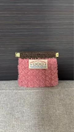 ピンク×ブラウンポーチ　ハンドメイド　バネ口ポーチ