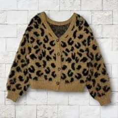 毛長ニットカーディガン ショート丈 アニマル ヒョウ柄 グランジ Y2K 平成