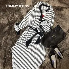 TOMMY ICONS シャツワンピース　ストライプ　リボンベルト付き　刺繍のサムネイル