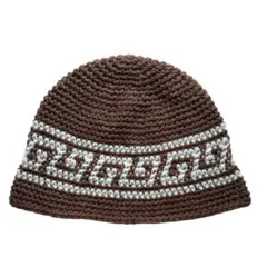 1205クラッシャーハット　古着　クロシェハット　雷紋柄 ブラック　茶色 白