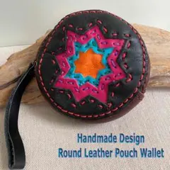 ハンドメイド 本革 カラフル カッティング パッチワーク 丸型 ミニポーチ 財布