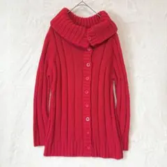 ニット カーディガン 長袖 トップス L リブ編み ショールカラー レッド