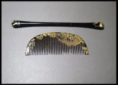 鼈甲製　萩　桔梗　秋草　蒔絵　櫛　木製　花文　金張り　笄　和装　アンティーク　簪
