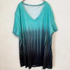 グラデーション ストライプ Ｔシャツ Ｖネック 半袖 ビッグサイズ 2XL 緑黒